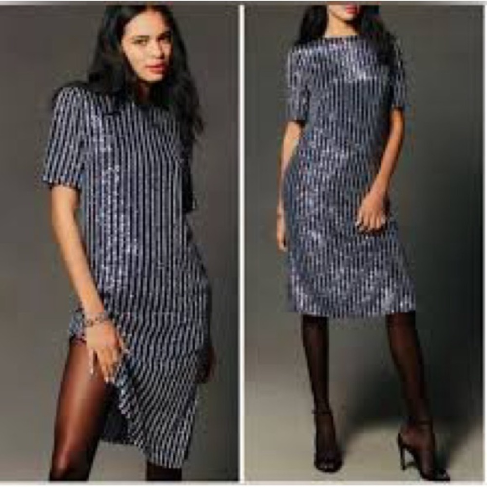 Anthropologie Flat White Navy and Silver Sequin Midi Dress